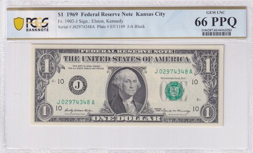 1969 $1 FRN Kansas City FR-1903 J PCGS Gem UNC 66 PPQ
