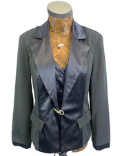 Joseph Ribkoff Blazer Jacket 10 Grey Satin Trim 2-in-1 Rhinestone Stretchy New
