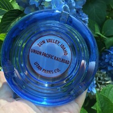 pretty BLUE vintage Union Pacific Railroad ashtray Sun Valley, ID~Utah Parks Co