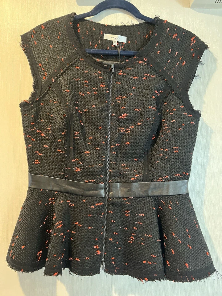 MILLY кожаная отделка крапинками Твид без рукавов пеплум Топ куртка черный размер 10 - новый с ярлыками! - Изображение 4 из 4