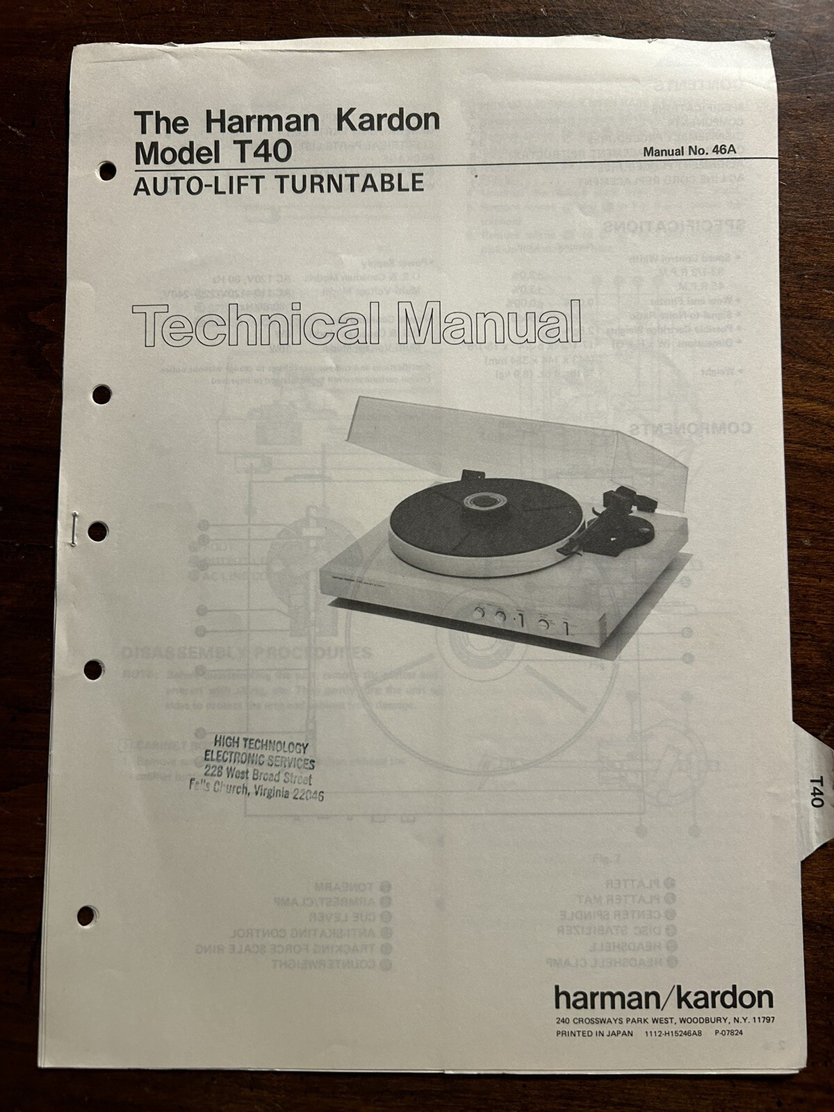Harman Kardon Model T40 Auto-Lift Turntable Technical Manual Original OEM