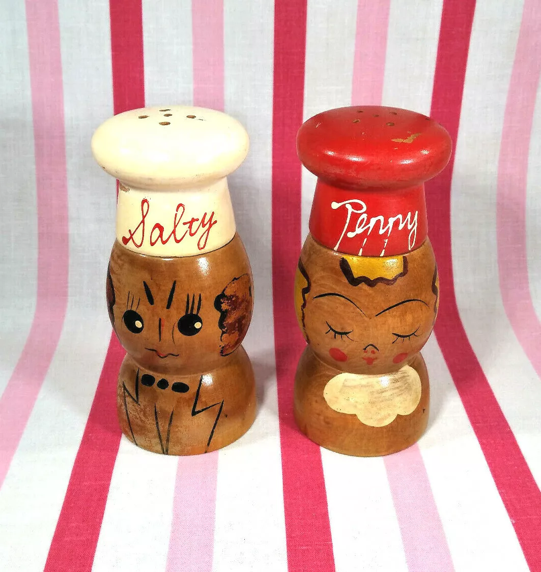 Fabulous Vintage 1950 s Chef Salty Peppy Large Wooden Salt Pepper Shaker Set