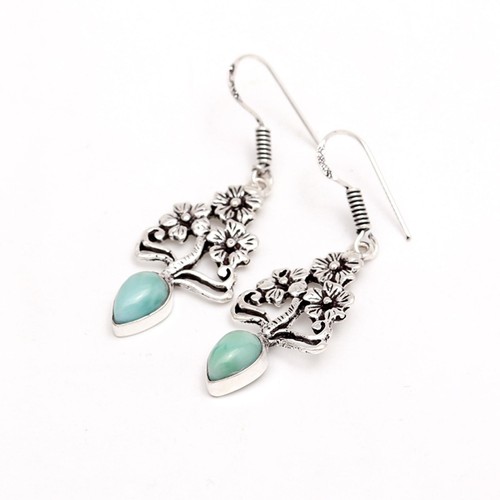 Pendiente de plata de ley 925 estilo árbol hecho a mano Larimar piedras preciosas joyería boho - Imagen 2 de 4