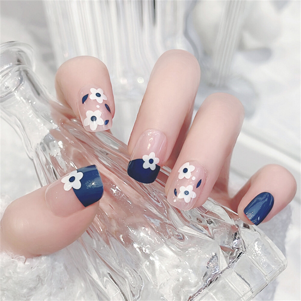 French Flowers False Nail Navy Blue Square Press on Nails for Nail Art 24pcs