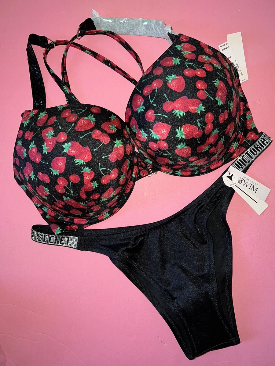 Victoria's Secret 38DD BOMBSHELL BIKINI bottom shine strap BLACK Red Berry