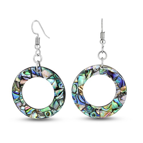 Unique Round Circular Frame Abalone Shell Dangle Earrings