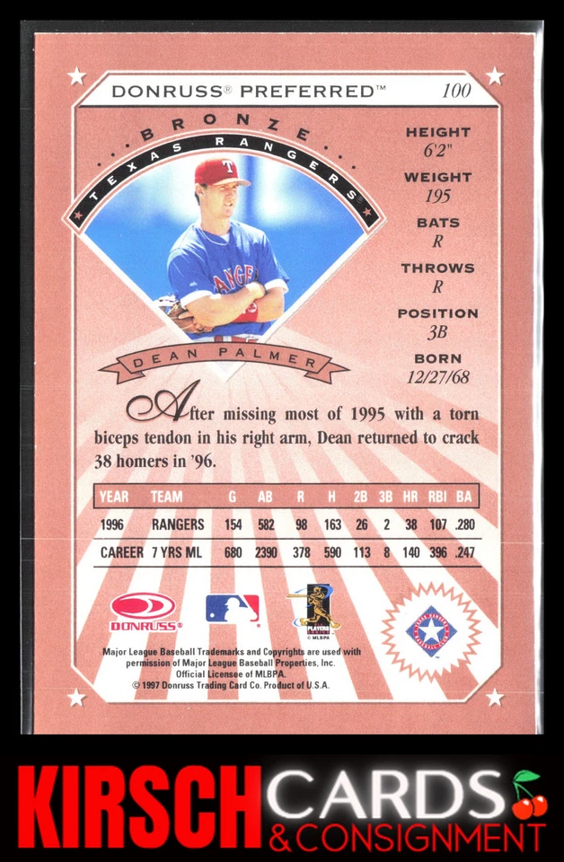 Dean Palmer 1997 Donruss Preferred Bronze #100 Texas Rangers - Image 2 of 2