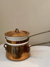 Vintage Copper and Ceramic Double Boiler w/Brass Handles