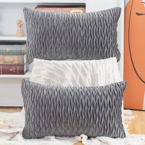 Set of 2 Super Soft Velvet Decorative Throw Pillow Covers 12x20 inch Grey Rec...