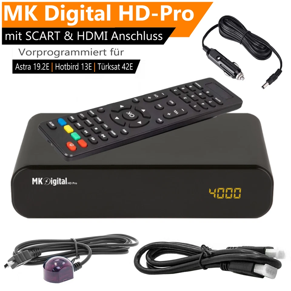 MK-DIGITAL Camping HD SAT Receptor Digital 230V y Coche Adaptador 12V y SCART USB HDTV ASTRA