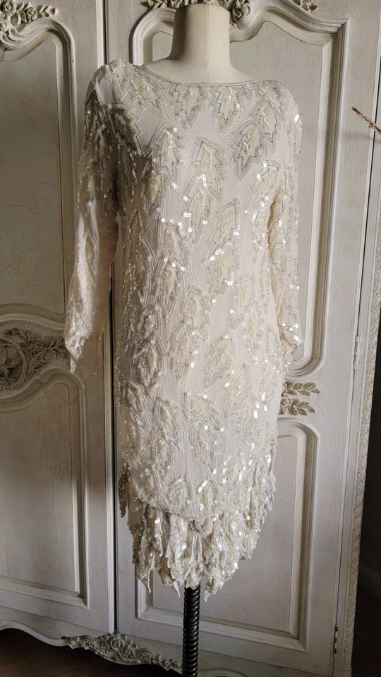 复古 Lillie Rubin 串珠亮片连衣裙象牙色鸡尾酒 80 年代 Sm 码 — 第 4/4 张图片