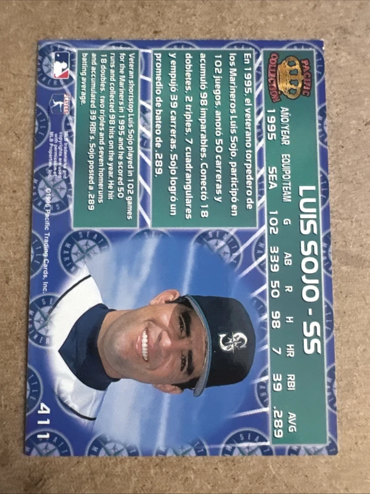 1996 Pacific #411 LUIS SOJO AUTO AUTOGRAPHED Signed Card Seattle Mariners - Image 2 of 2