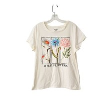 Wild Flowers Graphic T-Shirt Womens L Cream Short Sleeve Casual Top Cotton Blend