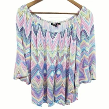 Womens 1X Multicolor Chevron Off Shoulder Peasant Blouse Boho Bell Sleeve