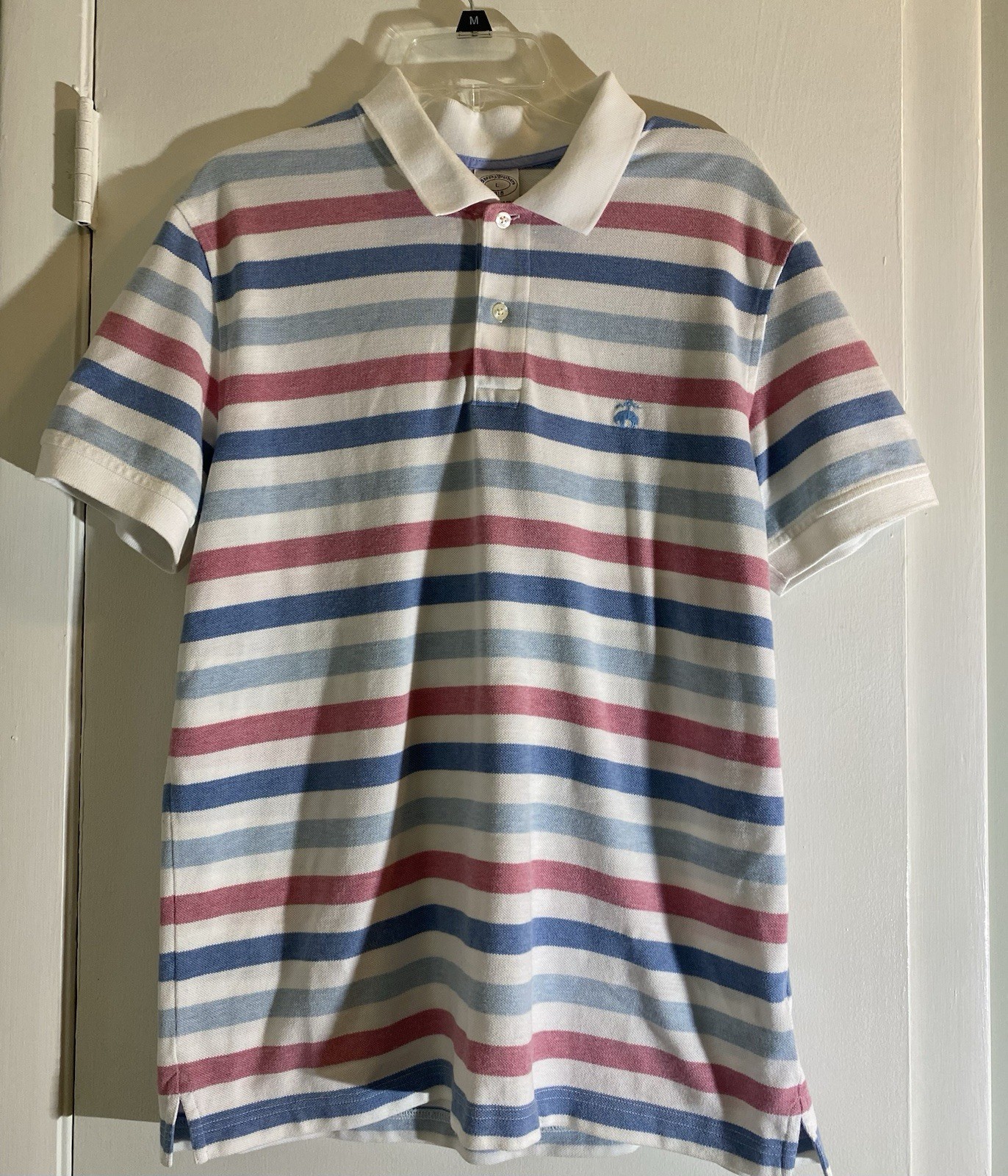 Brooks Brothers Polo Shirt Men's Size L, Red White Blue Stripe With Logo, Slim