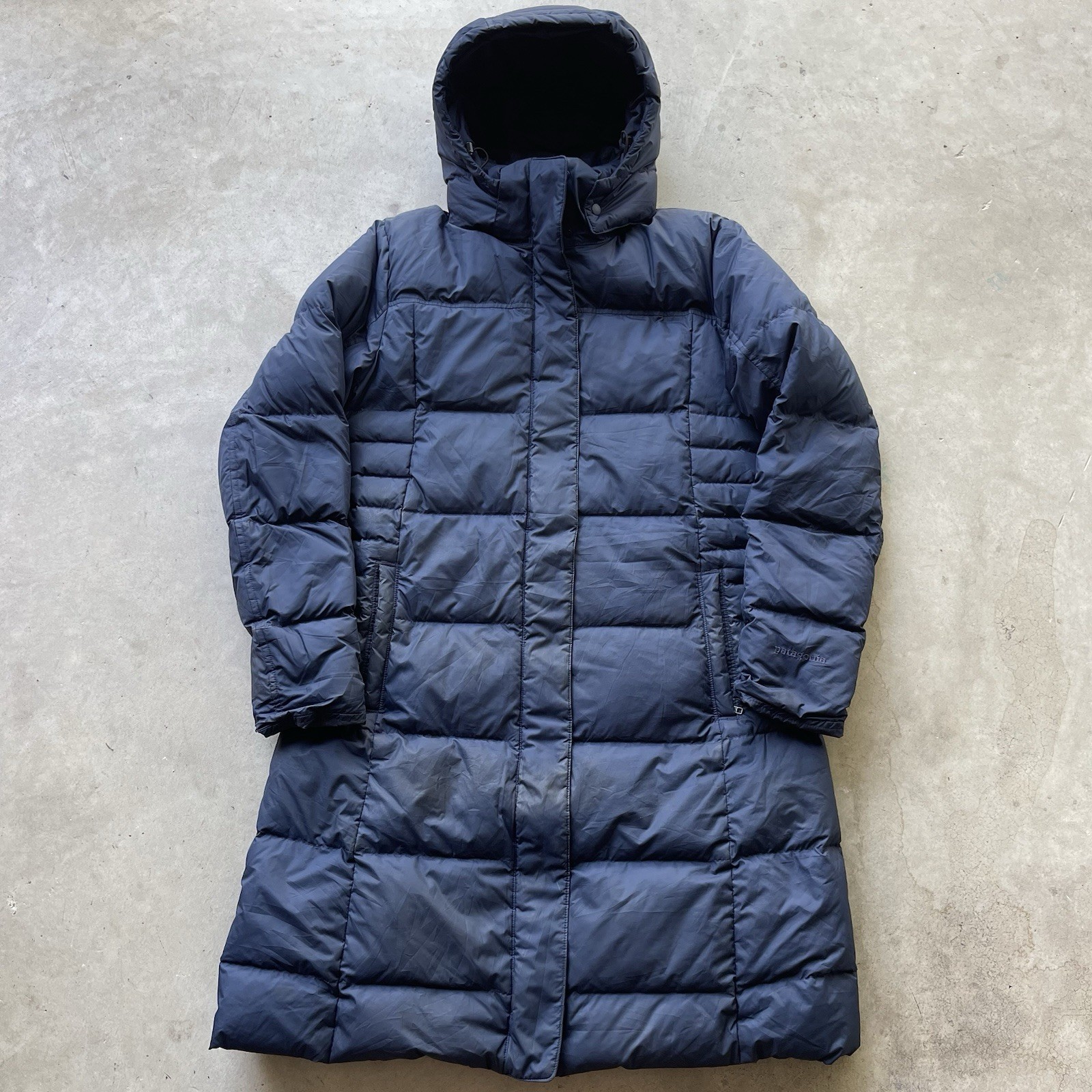 Patagonia Womens L Navy Blue Down With It Hooded Long Parka Jacket Puffer
