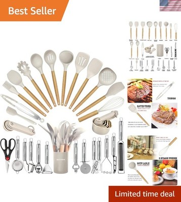 35-Piece Kitchen Utensils Set - Food-Grade Silicone with Elegant Wooden Handles