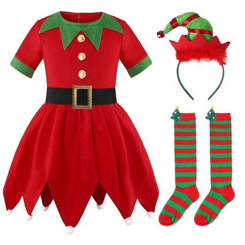 Kids Christmas Elf Costume Set with Skirt, Headband, and Socks – Fancy Dress XL