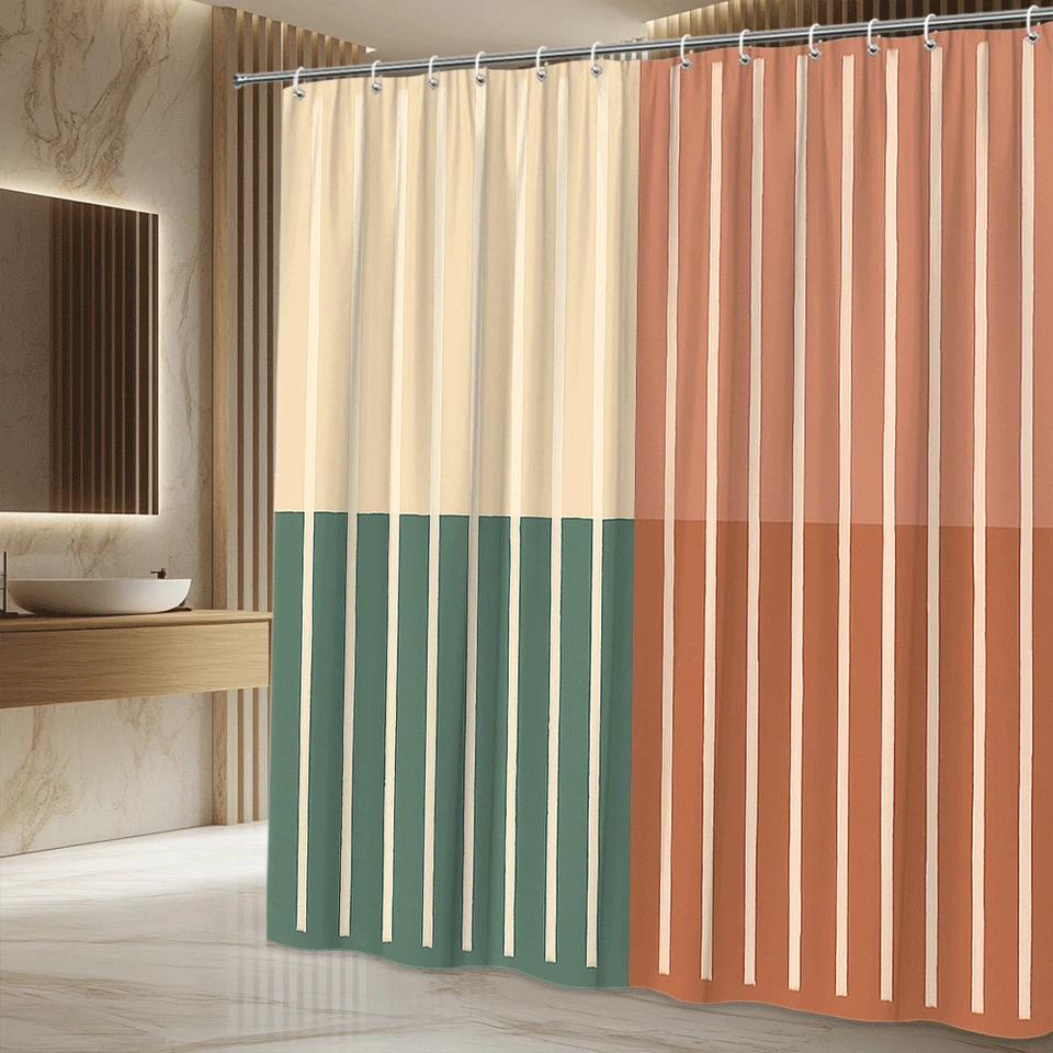 Cortina de ducha moderna a rayas en colores beige, verde y óxido Foto 4 de 4