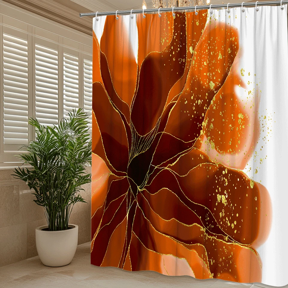 Abstract Rust Orange Flower Shower Curtain, Modern Gold Line Art Bathroom Decor - Image 4 of 4