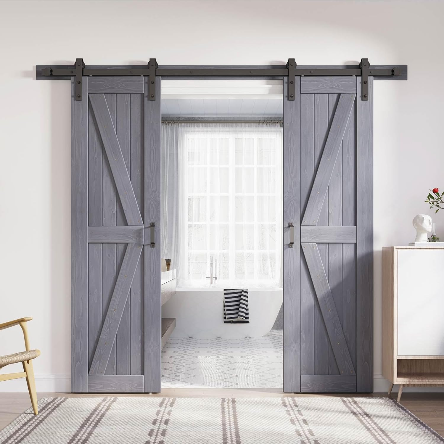 FREDBECK Gray Double 24X84 Inch Doors 48 Wood Barn Door with 8FT Barn Door Hardw
