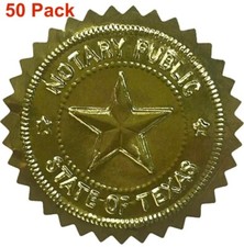 50 PK 2" Texas Notary Public Seals -Embossed / Shiny Gold