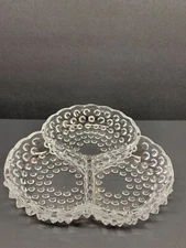 3 Sectioned Pickle Relish Jelly Candy Nut Serving Dish Hobnail Clear Glass