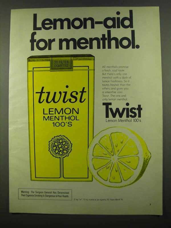 1974 Twist Lemon Menthol 100's Cigarettes Ad