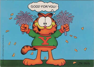 Garfield Cat Cheerleader Pom Poms Sweater Good For You Cartoon 1978 postcard KQ4