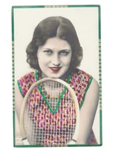 SD3609   ART DECO FLAPPER POSING WITH TENNIS RACKET SPORT RPPC HAND. COL