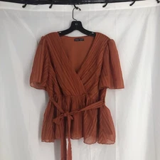 Shein Curve Women’s Shirt Large Orange Short Sleeve V Neck Blouse Top