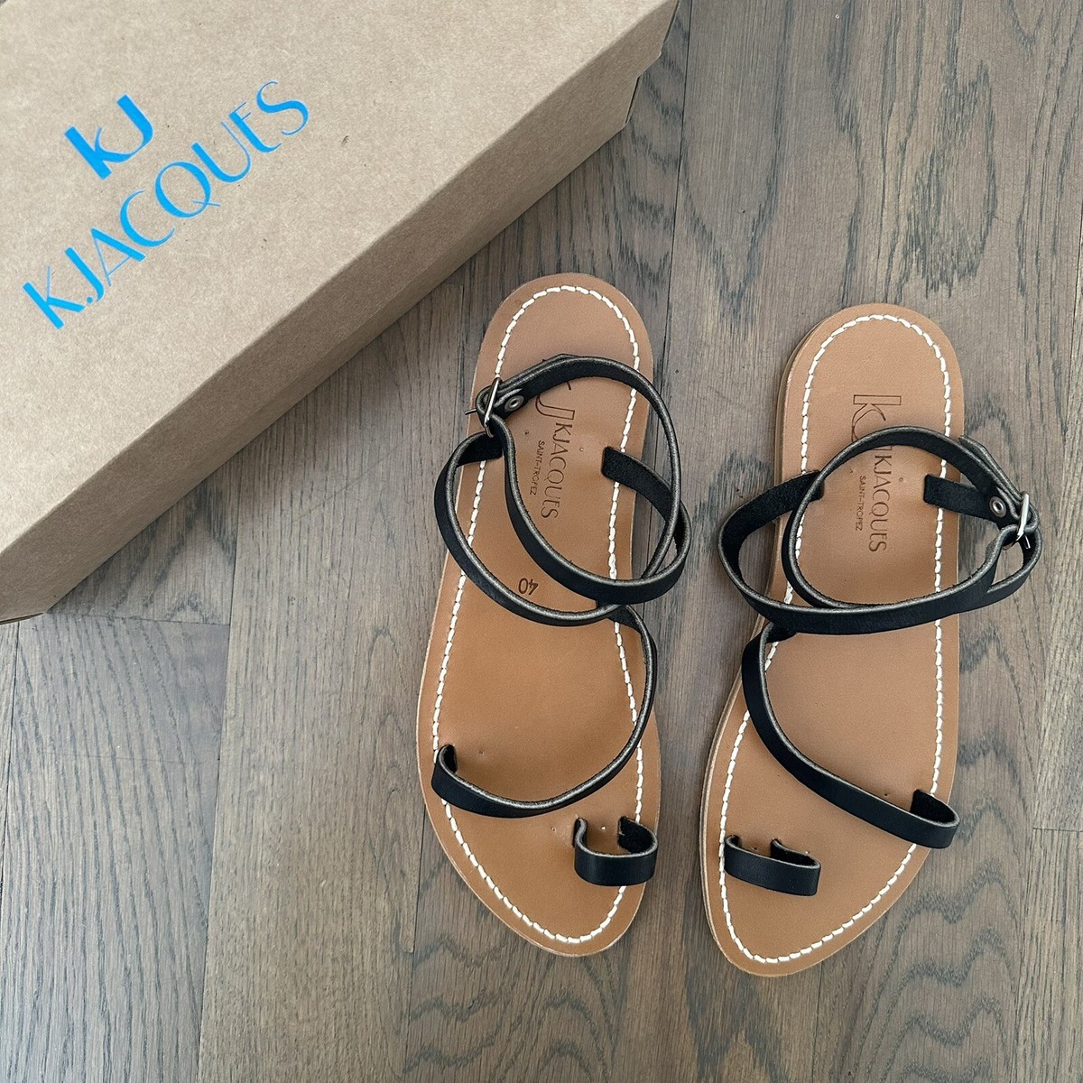 NIB Jacques Loki Flat Ankle Strap Sandal Pul Noir Black Leather 40 EU/10  US