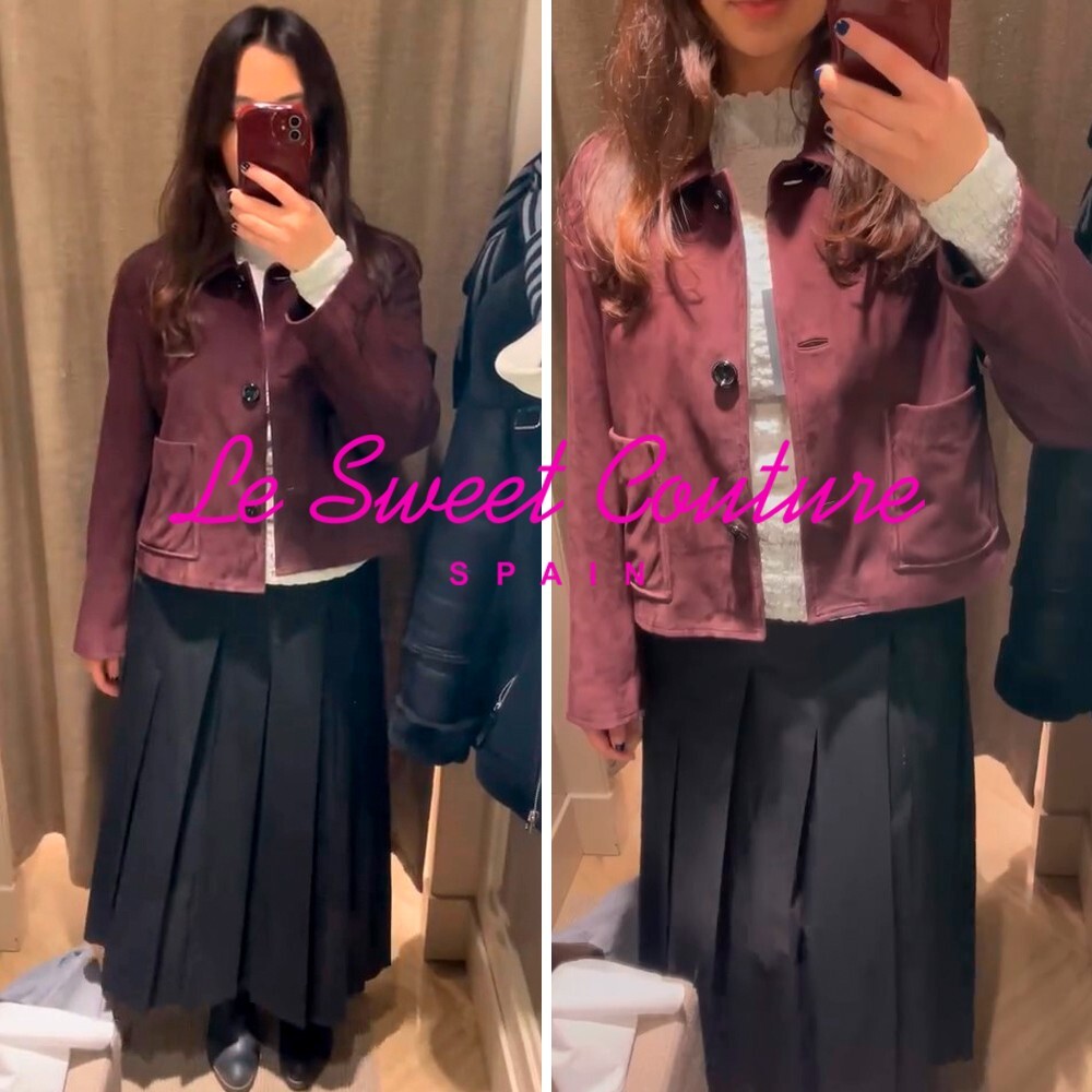 MASSIMO DUTTI SS25 BURGUNDY Short suede leather jacket ALL