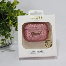 Guess Apple AirPods Pro case Pink Glitter Flakes cover w/ Guess Gold Logo Chain
