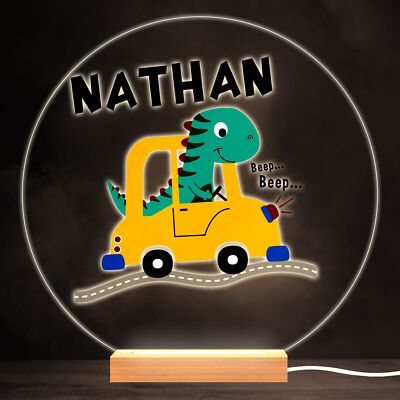 Niedliche Dinosaurier fahren Auto bunt rund personalisiert Geschenk LED Lampe Nachtlicht