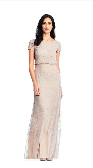 Adrianna Papell Short Cap Sleeve Blouson Beaded Gown Nude Silver