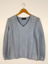 Womens Vintage Saint James Cable Sweater V-Neck Cotton Pullover Blue US 8