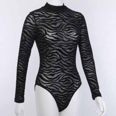 Damen Turnanzug Netz Durchsichtig Top Body Gothic Bluse Tanga Streifen