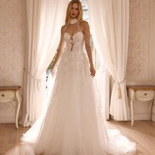 Off Shoulder DeepV Neck Wedding Dresses Lace Applique Bride Gowns Customized