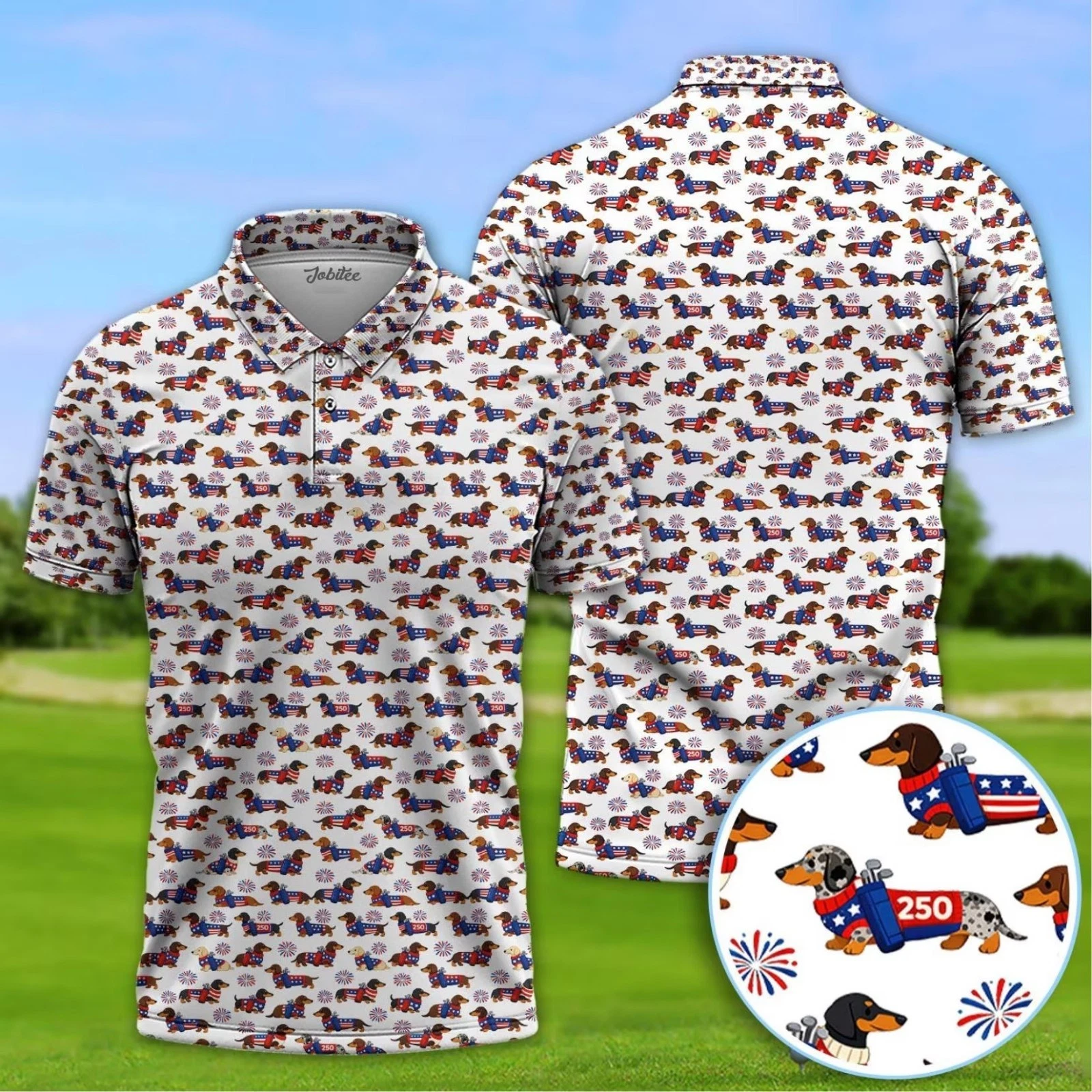 Dachshund Golf Polo Shirt, Patriotic Wiener Dog America 250th Anniversary
