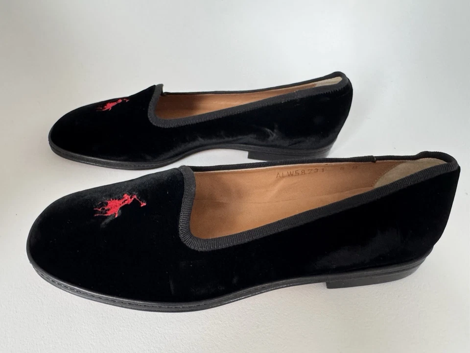 Polo Ralph Lauren Negro Terciopelo Mocasines Pisos Vacaciones Mujer’s 6B Rojo Poni Logo Foto 3 de 4