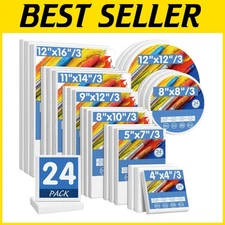 Multi-Pack 24 White Cotton Stretched Canvases - Versatile Sizes for Painting