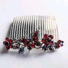 Red Crystal Hair Comb - Silver Tone - Formal And Weddings Theme Floral Butterfly