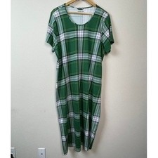 Lands End Maxi T-Shirt Dress Womens 2X Green White Plaid Cotton Short Sleeve