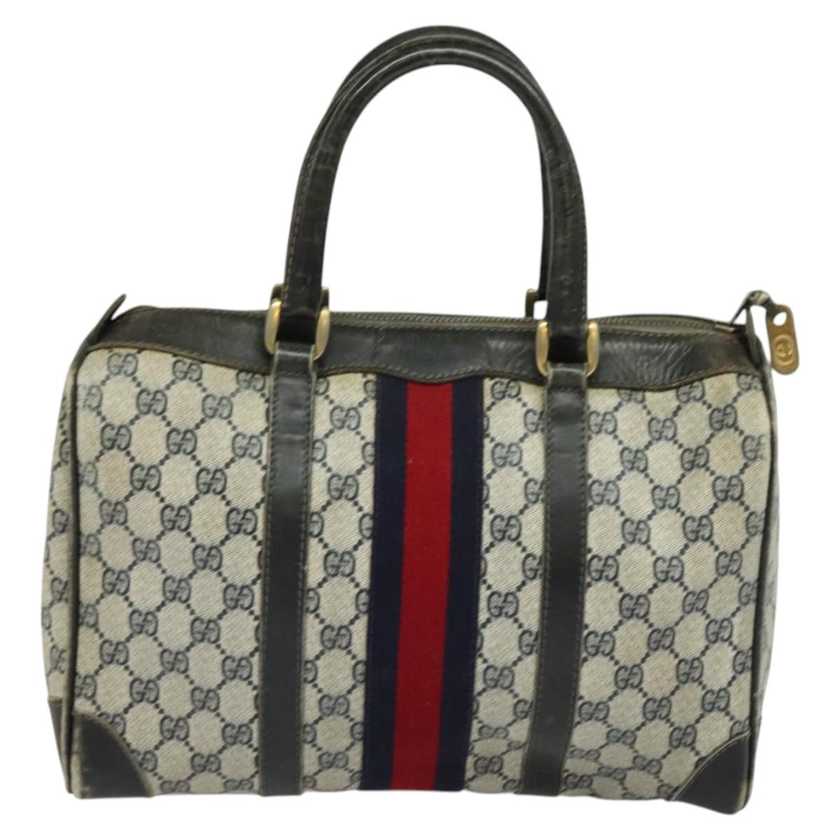 GUCCI GG Supreme Sherry Line Boston Bag PVC Navy Gold Red Auth