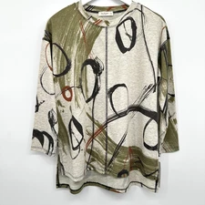 Jess & Jane Top Shirt Size Small Pearls Stretch 3/4 Sleeves Earthy Artsy USA New