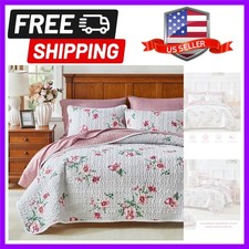 Floral Quilt Set 3 Piece Flower Quilt Sets Queen Size - Reversible Microfiber...