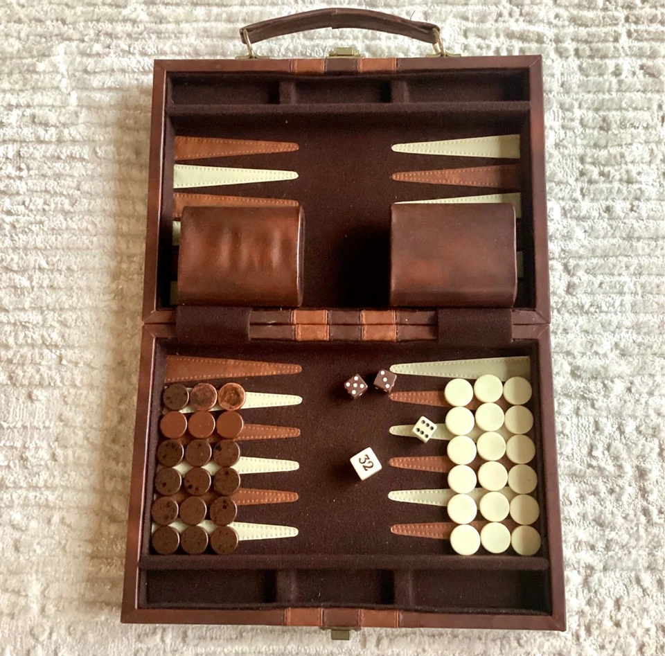 Vtg Backgammon Board Game Set Faux Brown Leather Travel Case Interior Stitched - Image 2 of 4