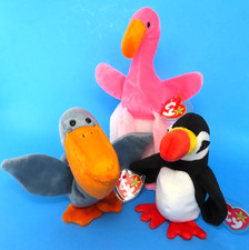 Ty Beanie Babies "PINKY" the Flamingo, "SCOOP" the Pelican & "PUFFER the Puffkin
