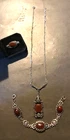 Antique Germany Sterling Silver Carnelian & Marcasite Necklace, Bracelet + Ring